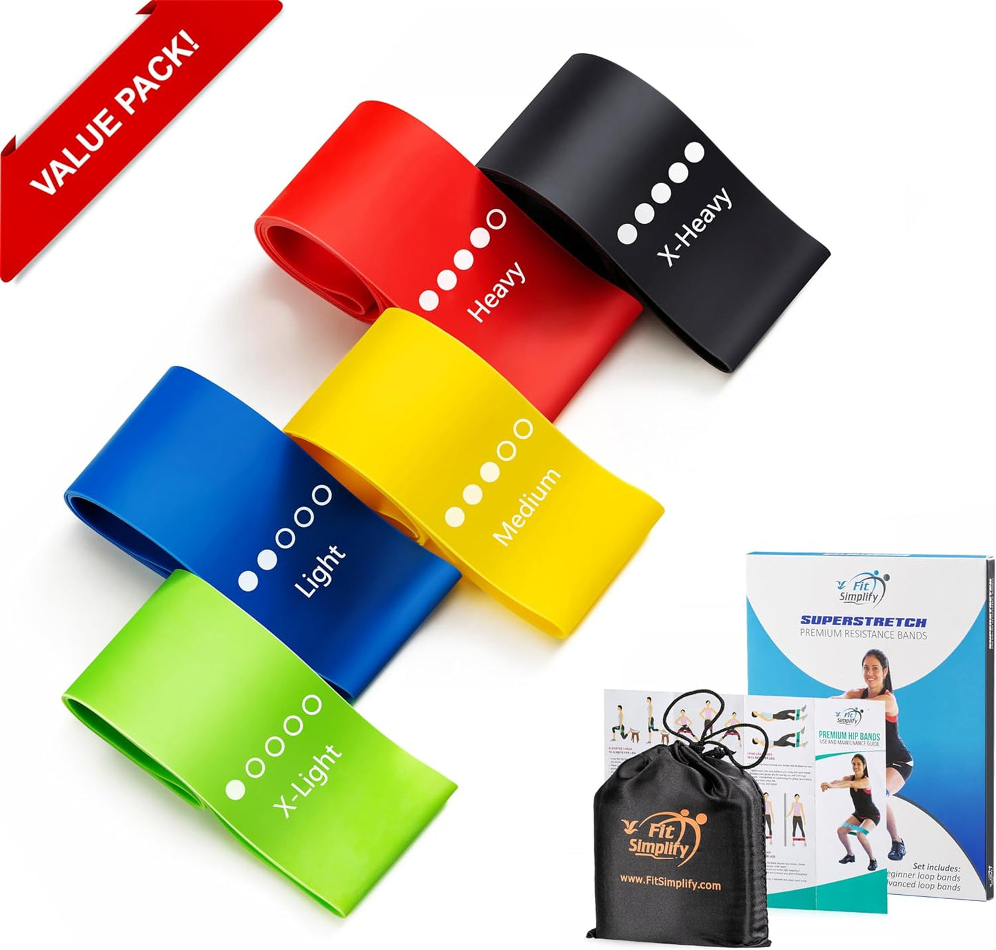 Ultimate Resistance Loop Exercise Bands Set - 5 Levels of Strength with Carry Bag & Instruction Guide