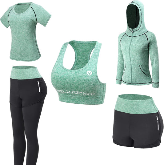 Elevate Your Workout Style with the 5-Piece Women's Athletic Outfit Set in Vibrant Green